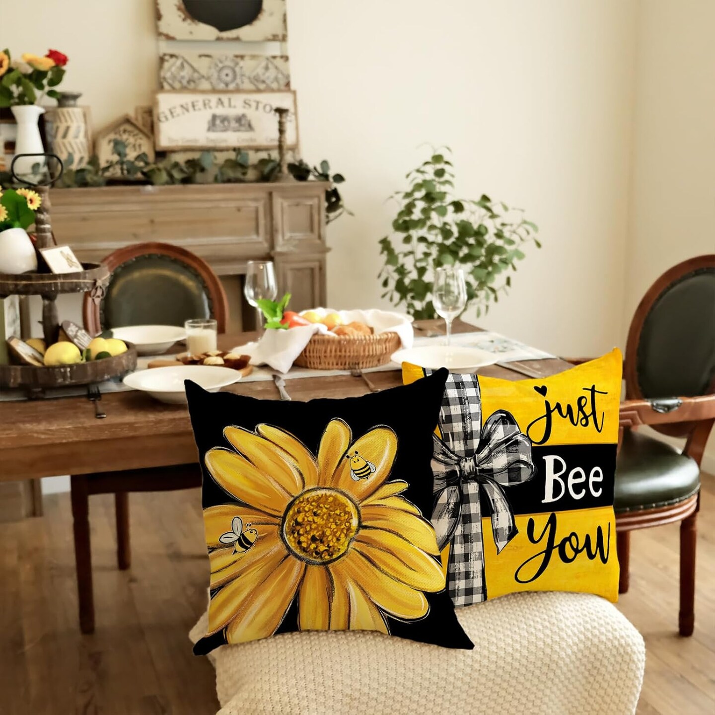 Summer Pillow Covers 18x18 Inch Set of 4, Daisy Floral Bee Home Sweet Home Black Yellow Farmhouse Decorative Throw Pillowcases for Sofa G704-18