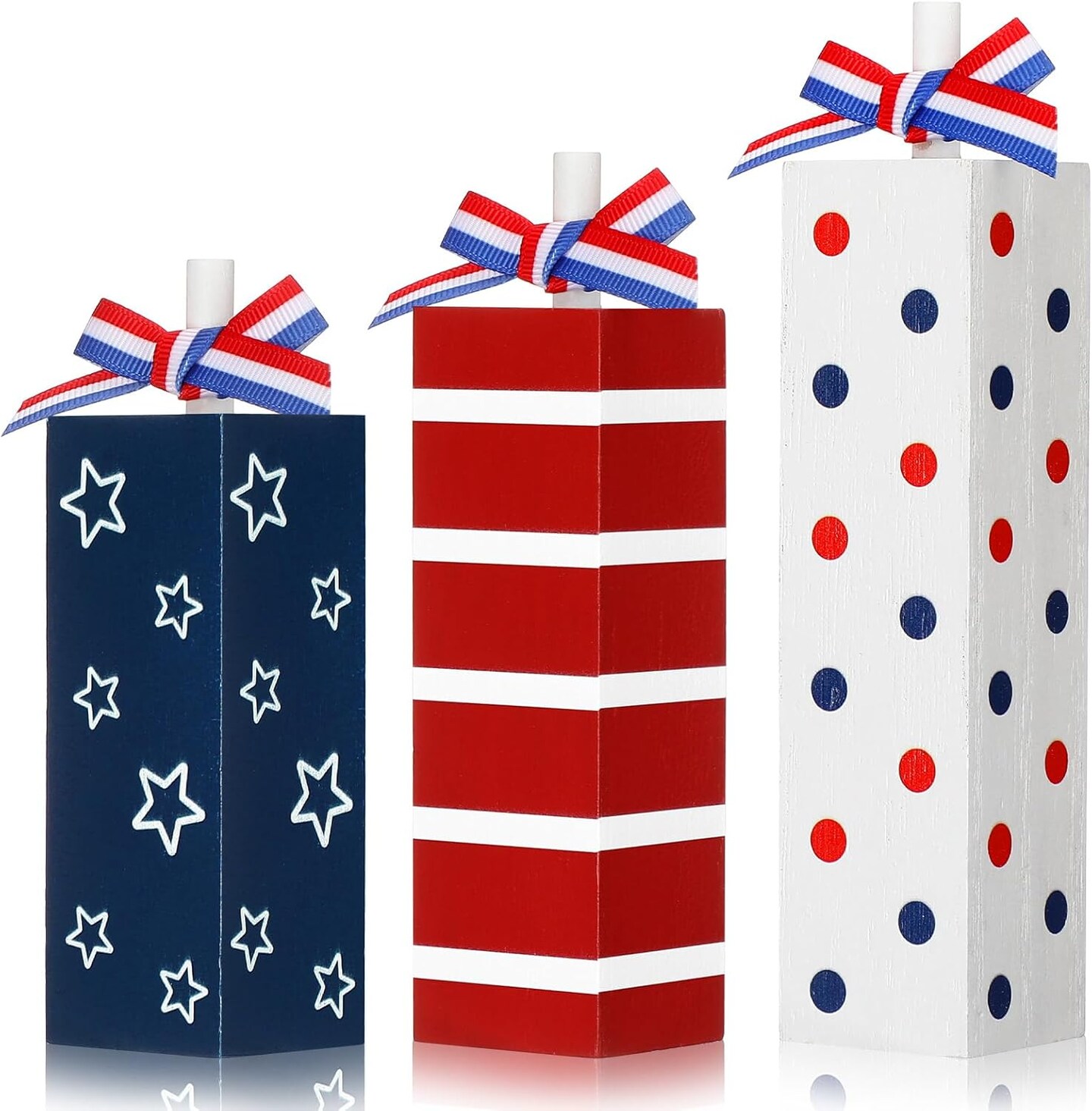 3 Pcs Patriotic 4th of July Table Decor Set – Rustic Red White Blue Wooden Block Signs for Independence Day, Memorial Day, Veterans Day Tiered Tray, Home, Office & Centerpiece Decorations