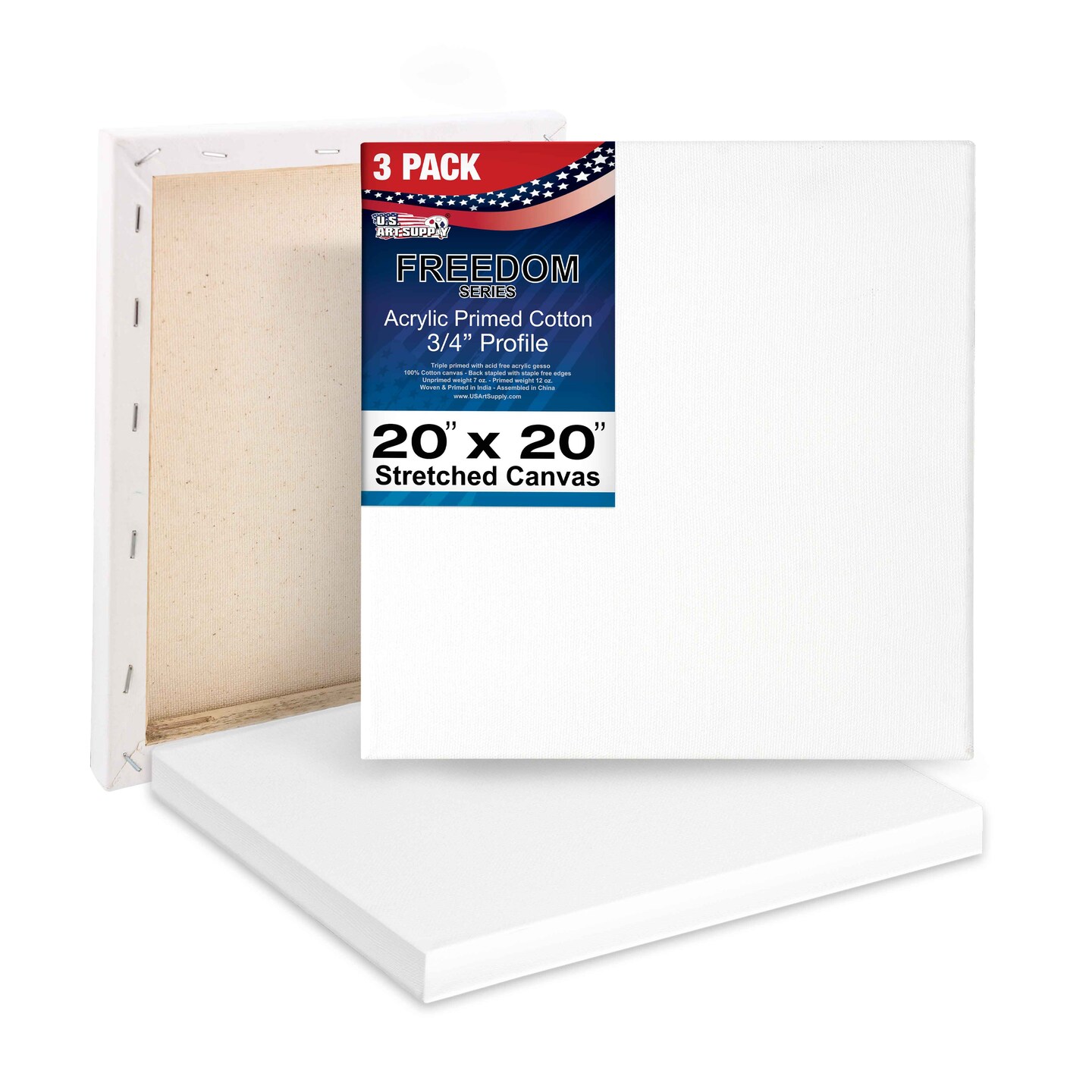 20 x 20 inch Stretched Canvas 12-Ounce Triple Primed, 3-Pack - Professional Artist Quality White Blank 3/4&#x22; Profile, 100% Cotton, Heavy-Weight Gesso