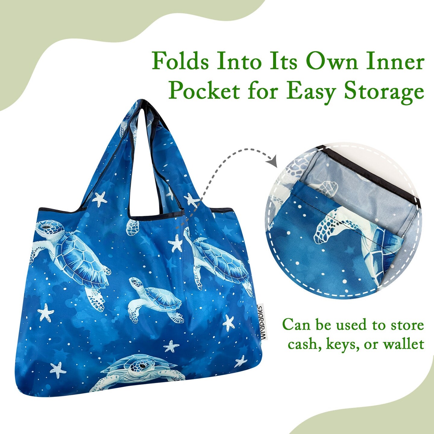 Wrapables Large Foldable Tote Nylon Reusable Grocery Bags, Astro Turtles