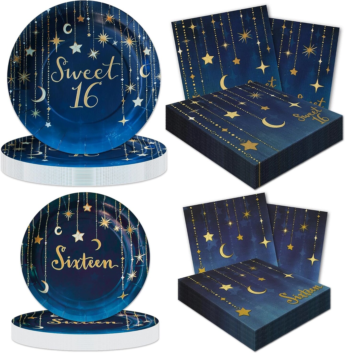 Sweet 16 Birthday Party for 16 guests! Includes 16 ea. 9&#x22; Plates, 7&#x22; Plates, Luncheon Napkins and Beverage Napkins. Navy &#x26; Gold Starry Night Design