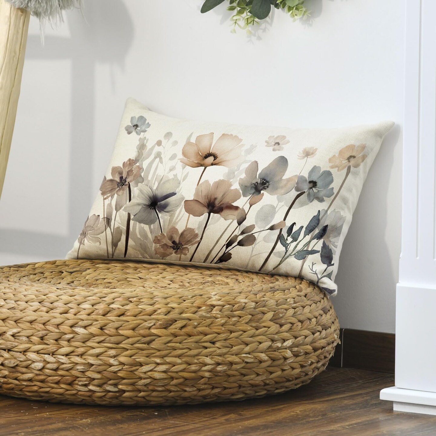 Poppy Flowers Chinoiserie Throw Pillow Cover, 12 x 20 Inch Spring Seasonal Leaves Cushion Case Decoration for Sofa Couch Farmhouse