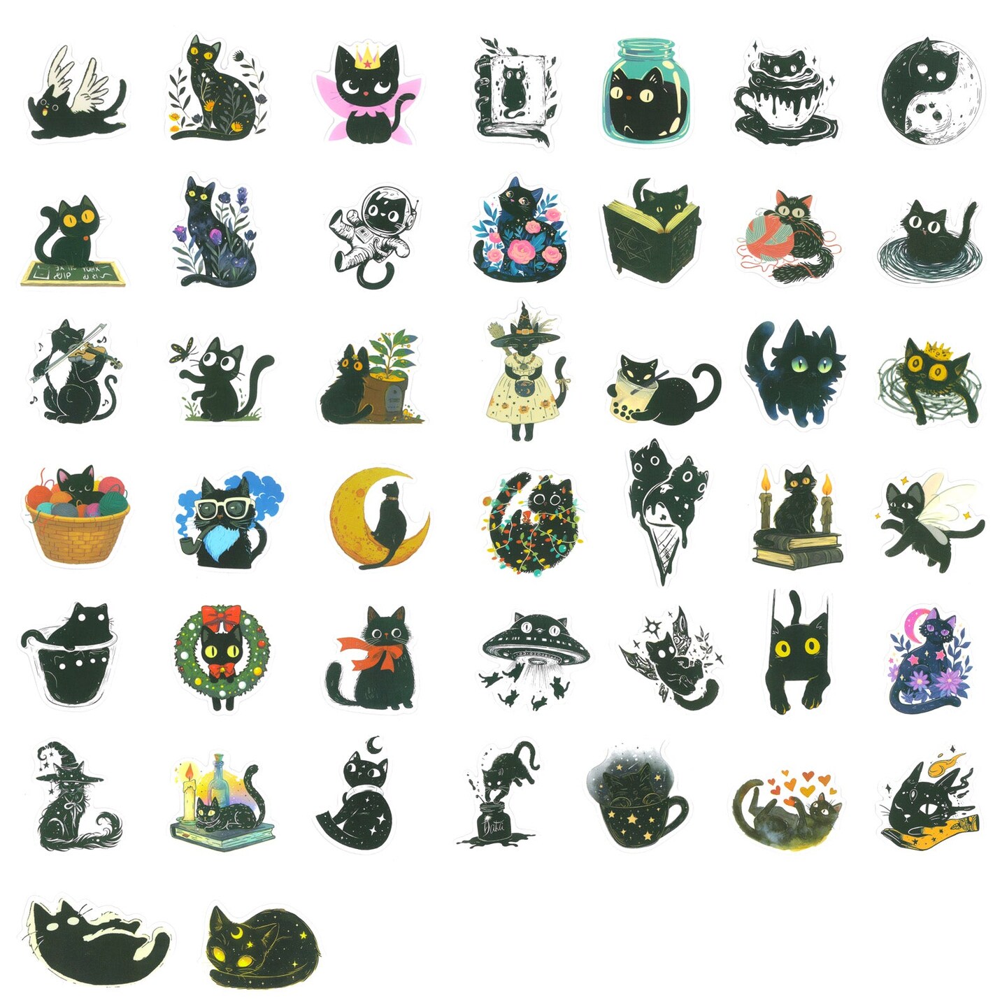 Wrapables Waterproof Vinyl Stickers for Water Bottles, Laptop, Phones, Skateboards, Decals for Teens, 100pcs, Black Cats