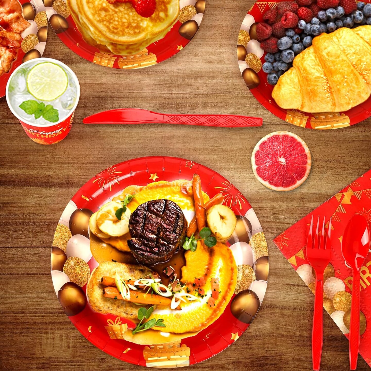 168 Pcs Red and Gold Party Supplies Tableware Set Happy Birthday Plates, Knife,Forks,Spoons, Cups and Napkins Table Decorations