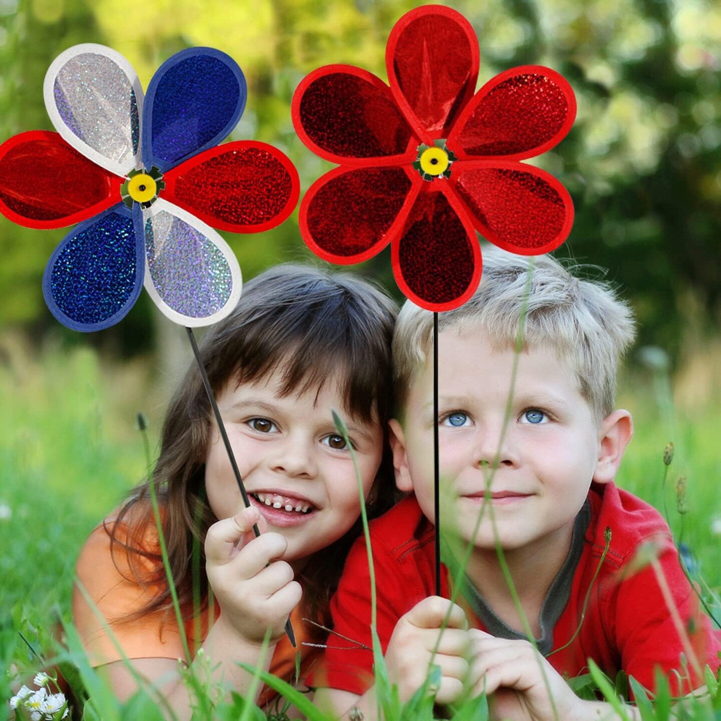 4PCS Garden Wind Spinners for Kids Outdoor, American Flag Color Lawn Yard Decorative Pinwheel Colorful Whirligigs Windmill