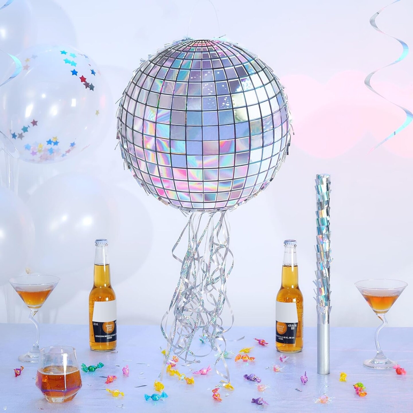 Disco Ball Pi&#xF1;ata - Disco Party Decoration for Adult Birthday Party Supplies Hanging Disco Pi&#xF1;ata with Bat Blindfold Mirror Roller Skating Pull String, 12.2&#x201D; x 12.2&#x201D;