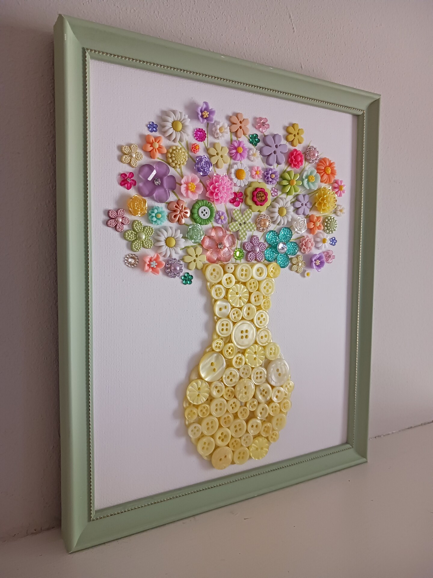 Flower Button Art Bundle | 75+ Assorted Flower Buttons + Yellow Fillers | Craft & DIY Decor Kit (8” x 10” Frame Size)