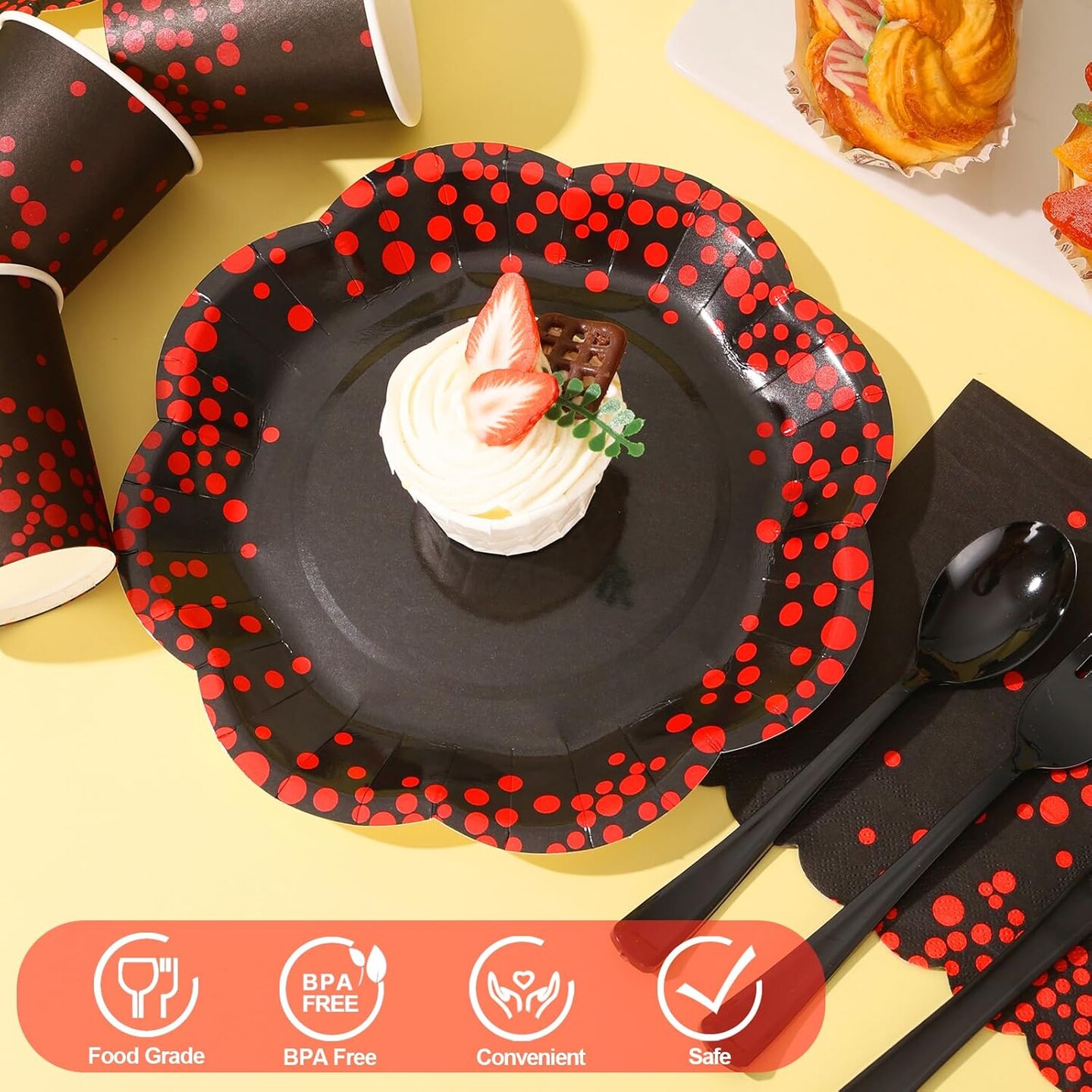 175PCS Red and Black Birthday Decorations,Red Dot on Black Party Plates and Napkins,Black Paper Plates for Birthday Baby Shower Wedding Anniversary Party Decorations,Serves 25