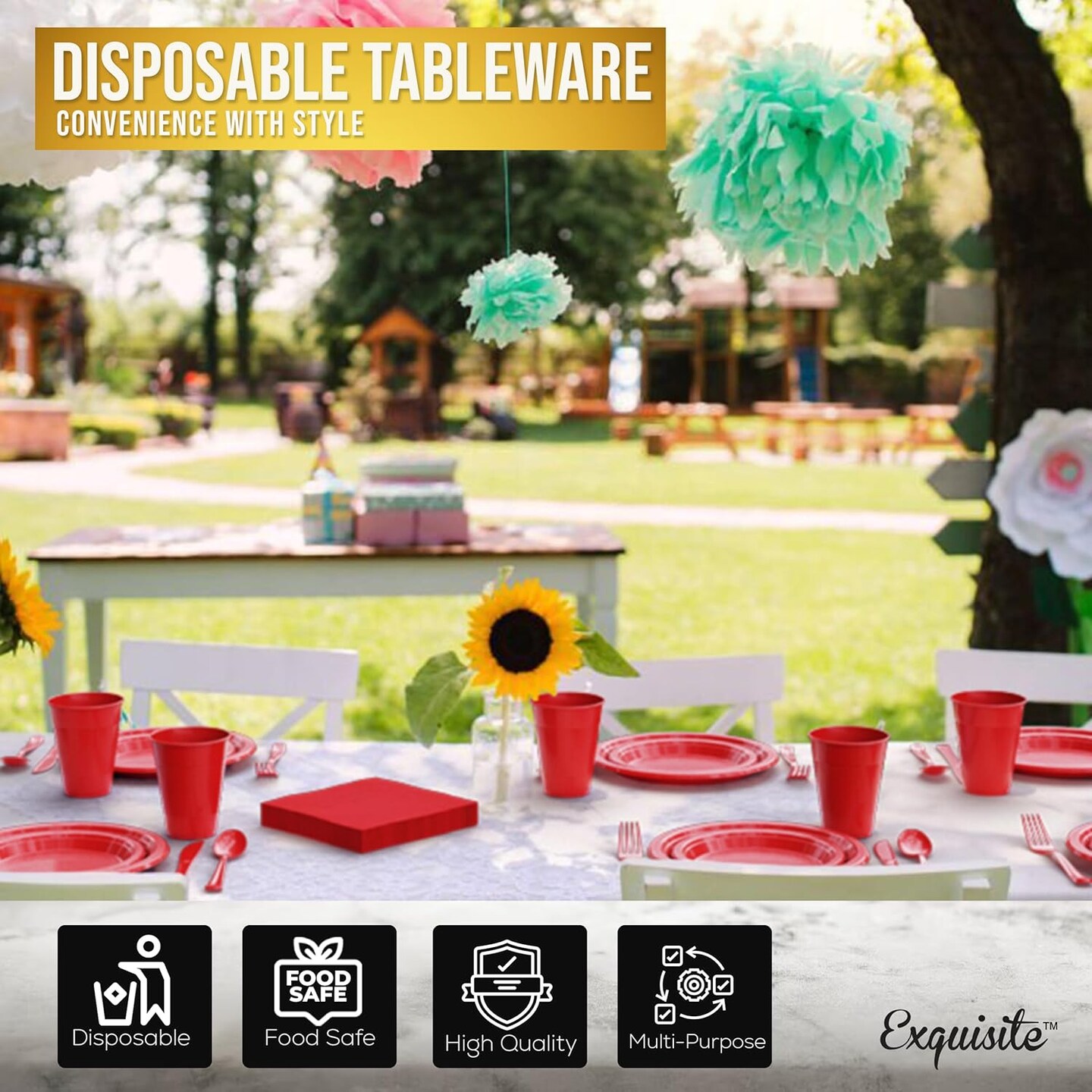350 Pcs Red Plastic Plates For Party, Red Disposable Plates Set, 50 Of Each 9&#x22; Dinner Plate Set, 7&#x22; Dessert Plate, Cups, Napkins &#x26; Cutlery Plastic Dinnerware Exquisite