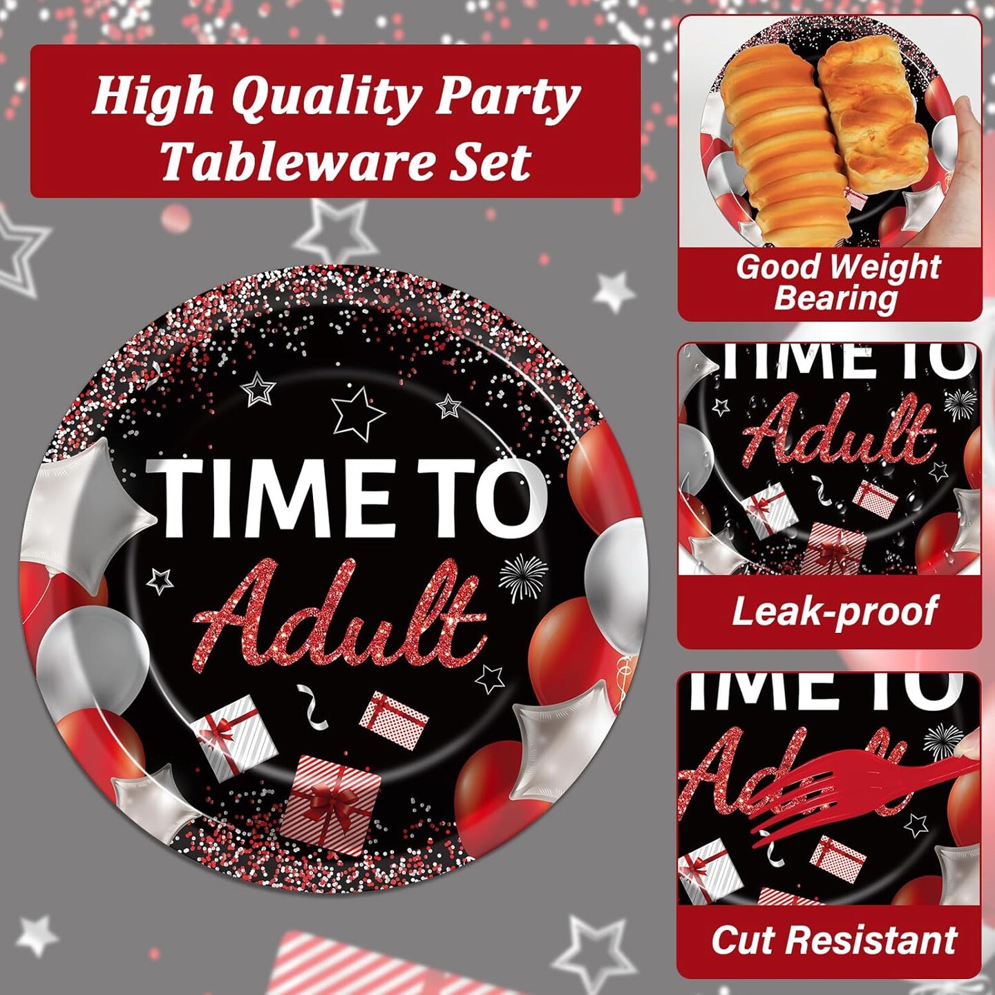 96 Pcs 18th Birthday Party Supplies Paper Plates Napkins Time To Adult Red Black 18 Years Old Birthday Party Dinner Dessert Tableware Set 18th Decorations Favors for Boys Girls Serves 24