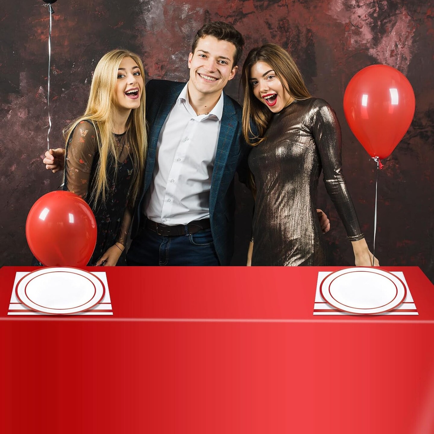 Red Party Supplies,Red Disposable Tableware Includes 24 Plates,24 Napkins and 1 Tablecloth