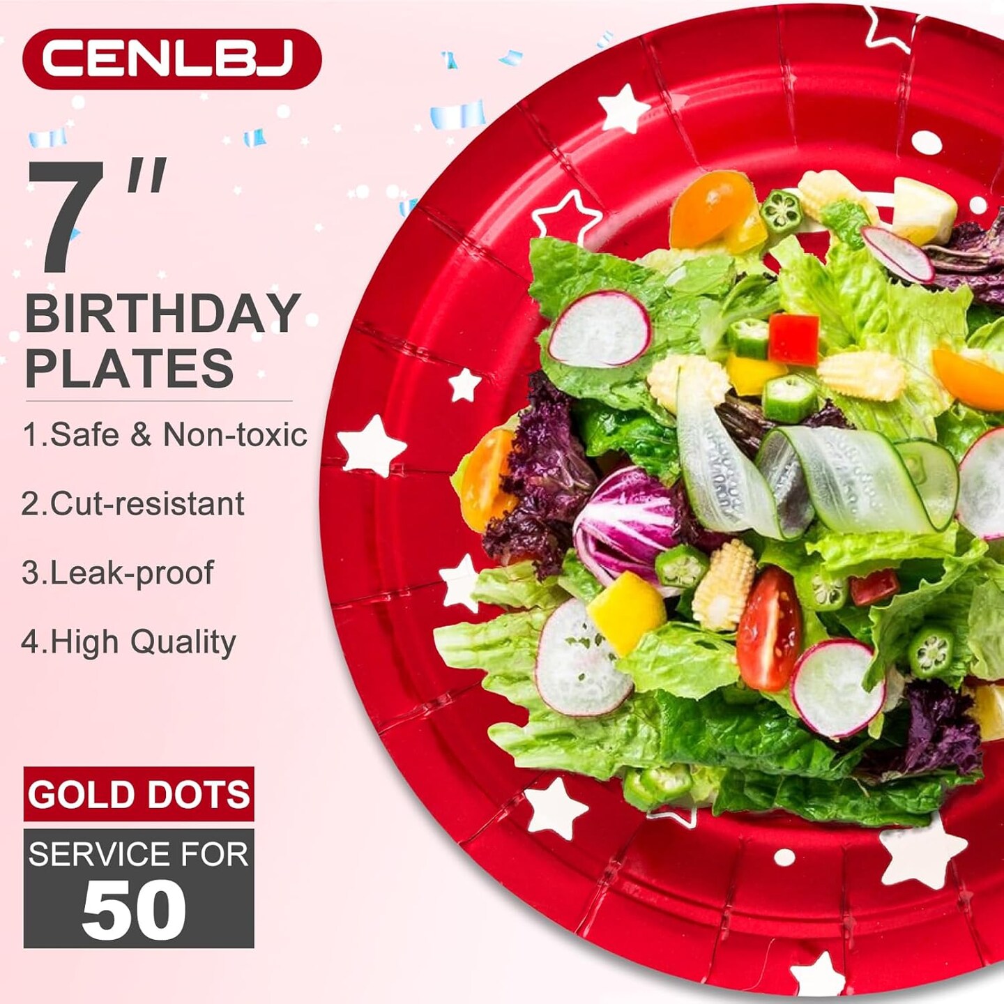 Party Paper Plates, Red Polka Dots - 7inch, 50pcs, Foil, Perfect for Birthday Celebrations