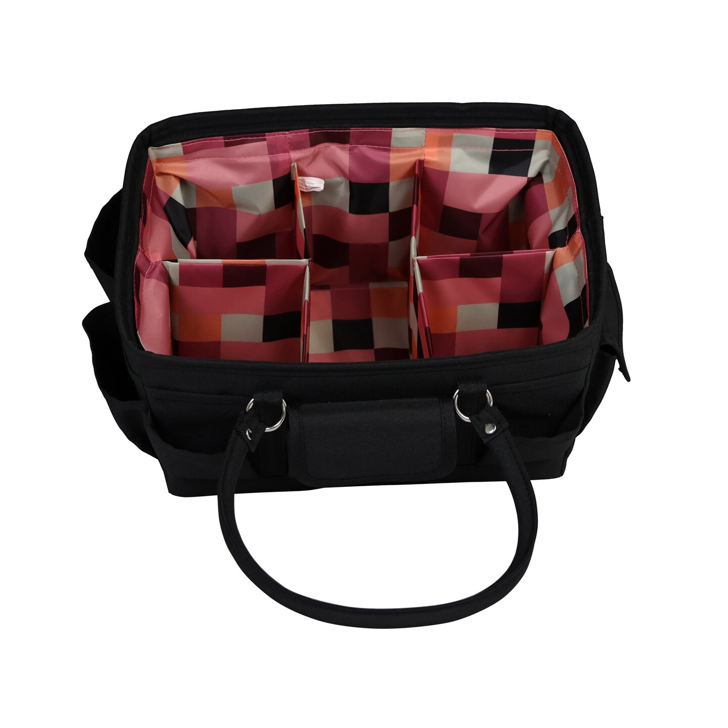 Everything Mary Deluxe Store and Tote - Craft Organizer and Storage Bag with 13 Pockets - Collapsible and Portable Art Supply Caddy for Sewing, Scrapbooking, Painting - Checkered Pink Print