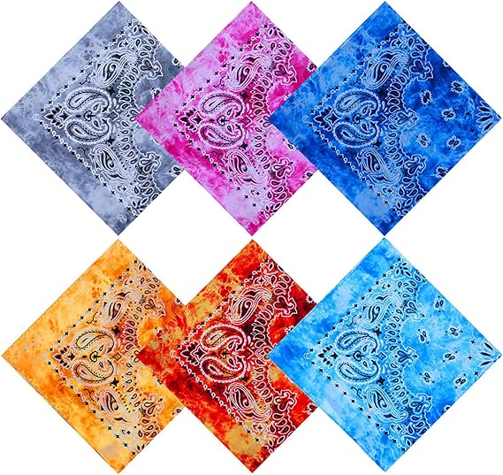 6 Pack 22 x 22 Inch Tie Dye Bandana Cotton Paisley Bandanas Headbands Cowboy Handkerchiefs for Men and Women