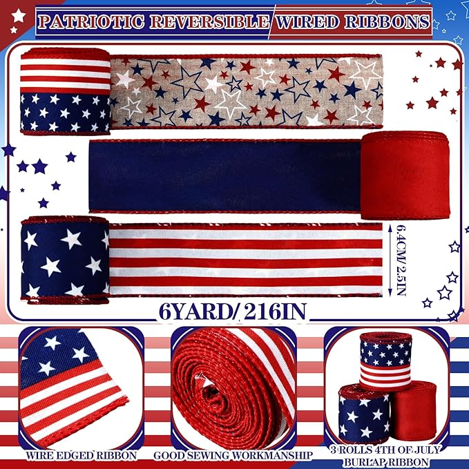 3 Rolls Patriotic Wired Edge Ribbons - 18 Yards Total, 2.5" Double-Sided American Flag Burlap Ribbon for 4th of July Wreaths, DIY Bows, Memorial Day & 250th Anniversary Decor