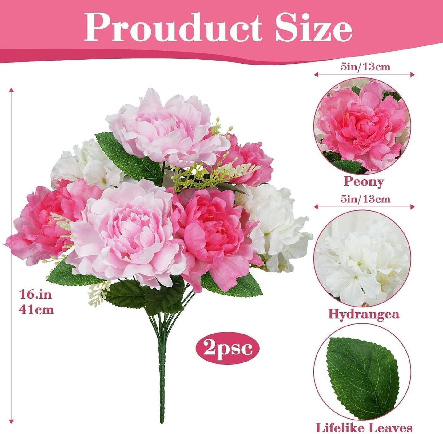 2-Pack Artificial Cemetery Flower Arrangements – Silk Peonies & Hydrangea Bouquets for Grave, Home & Wedding Décor (16" Pink Spring Floral Set)