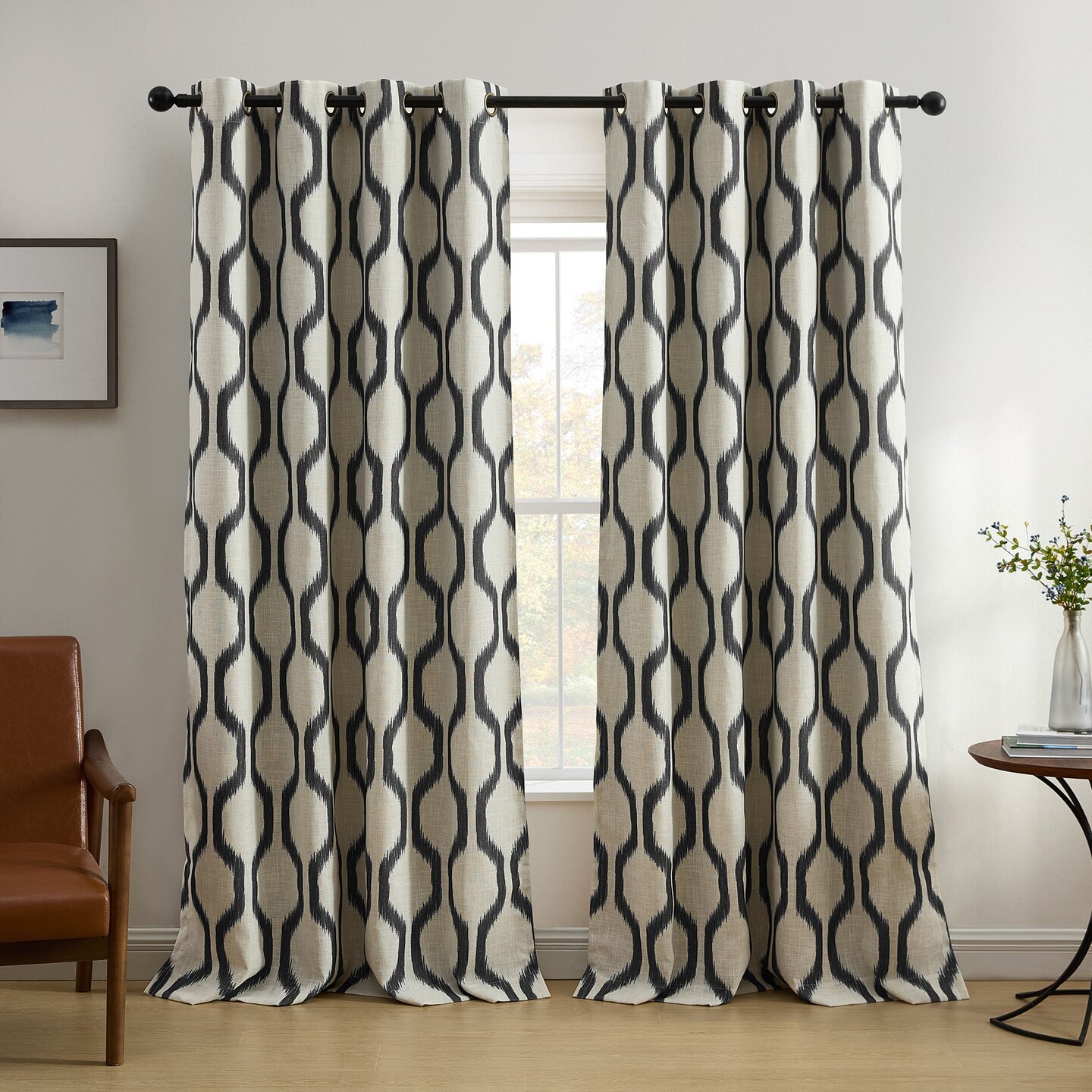 Threadmade Home Renzo Ikat Geometric Linen Room Darkening Window Curtain, Black - 52"W x 84"L