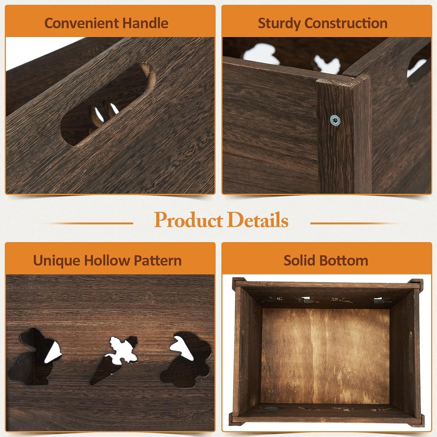2-Pack Rustic Wooden Crates with Rabbit Cutout – Farmhouse Decorative Storage Boxes with Handles for Display & Organization
