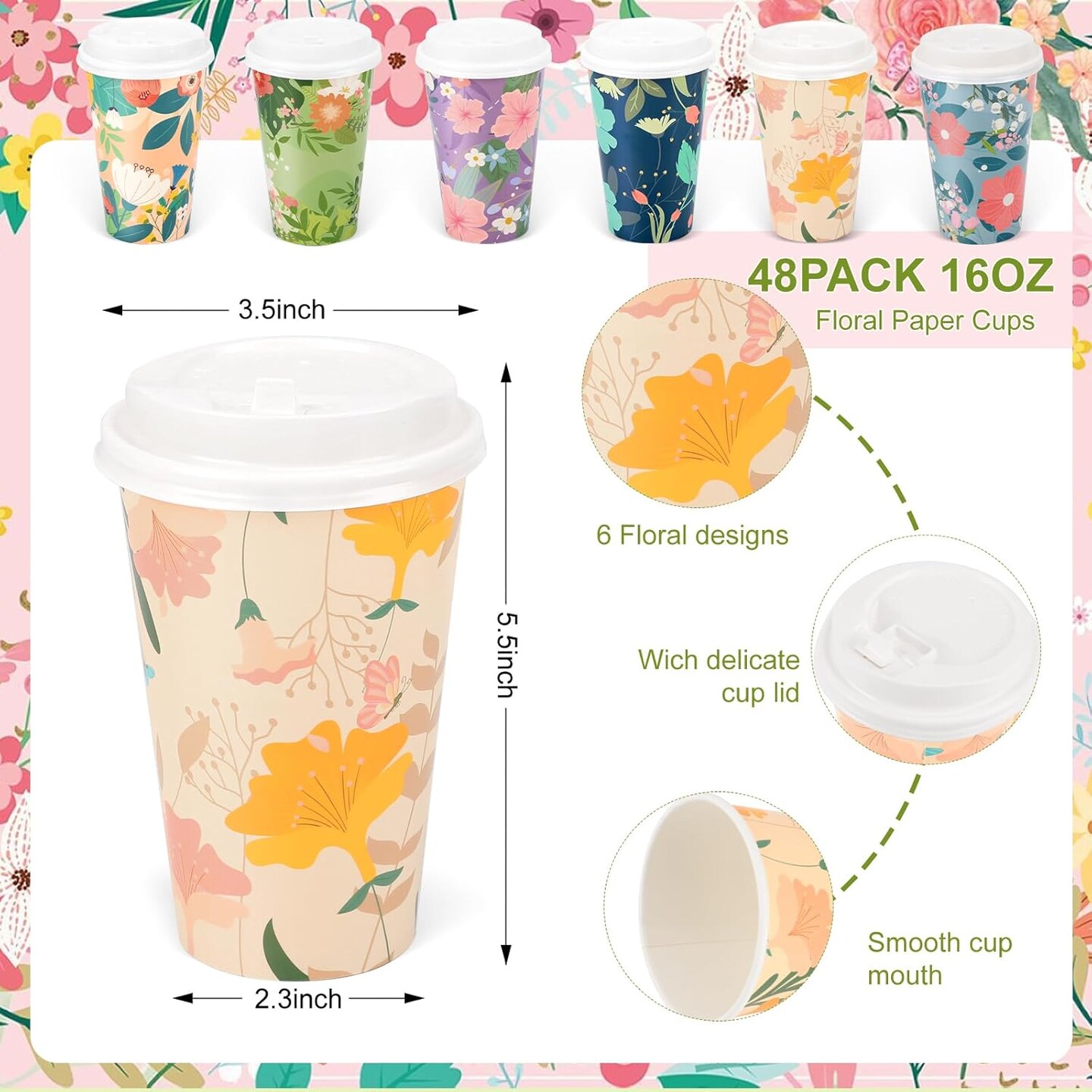 48-Pack 16 oz Floral Disposable Coffee Cups with Lids – Spring-Themed Paper Cups for Parties, Weddings & Events