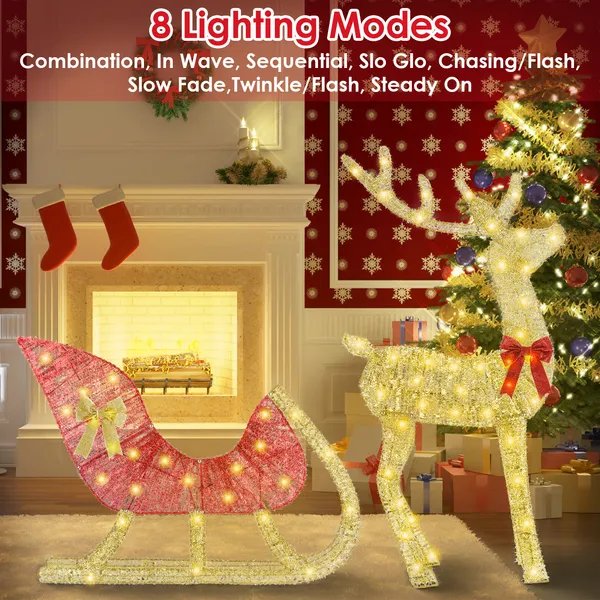 Lighted Christmas Reindeer & Sleigh Decoration – Outdoor/Indoor Holiday Display with 8 Lighting Modes
