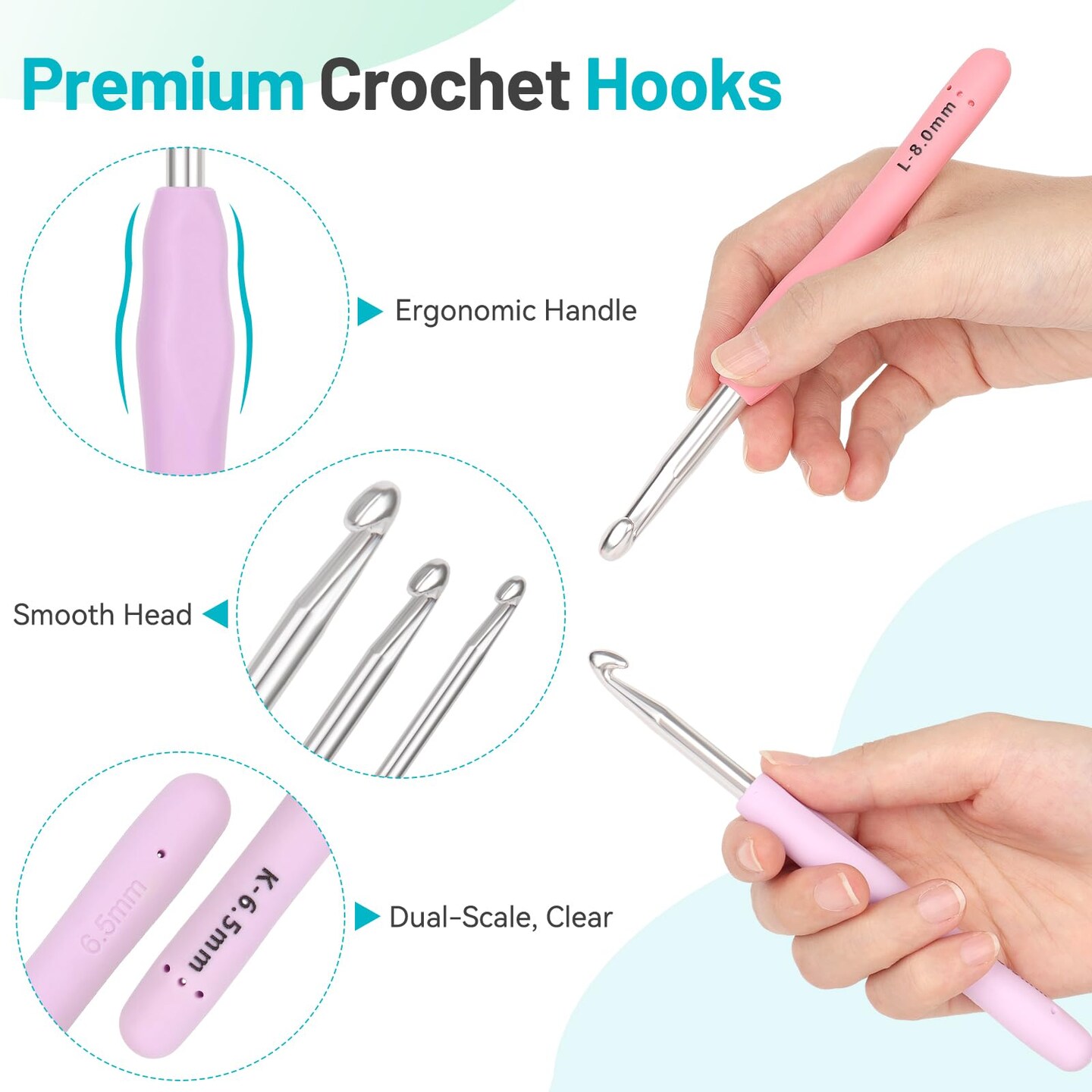 Crochet Hooks Set with Case, 12 Size Ergonomic Crochet Needles for Beginner Adult Arthritic Hands, 2mm(B)-8mm(L) Extra Long Knitting Hook for Crocheting Yarn- Great DIY Craft Christmas Gift