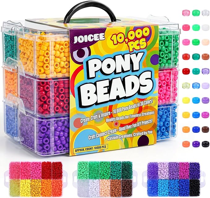 10,000 Pcs Pony Beads Bulk Set with 3-Layer Storage Box, 30 Assorted Rainbow Colors Kandi Beads (6x9mm) for Friendship Bracelets, Jewelry Making & Hair Braiding