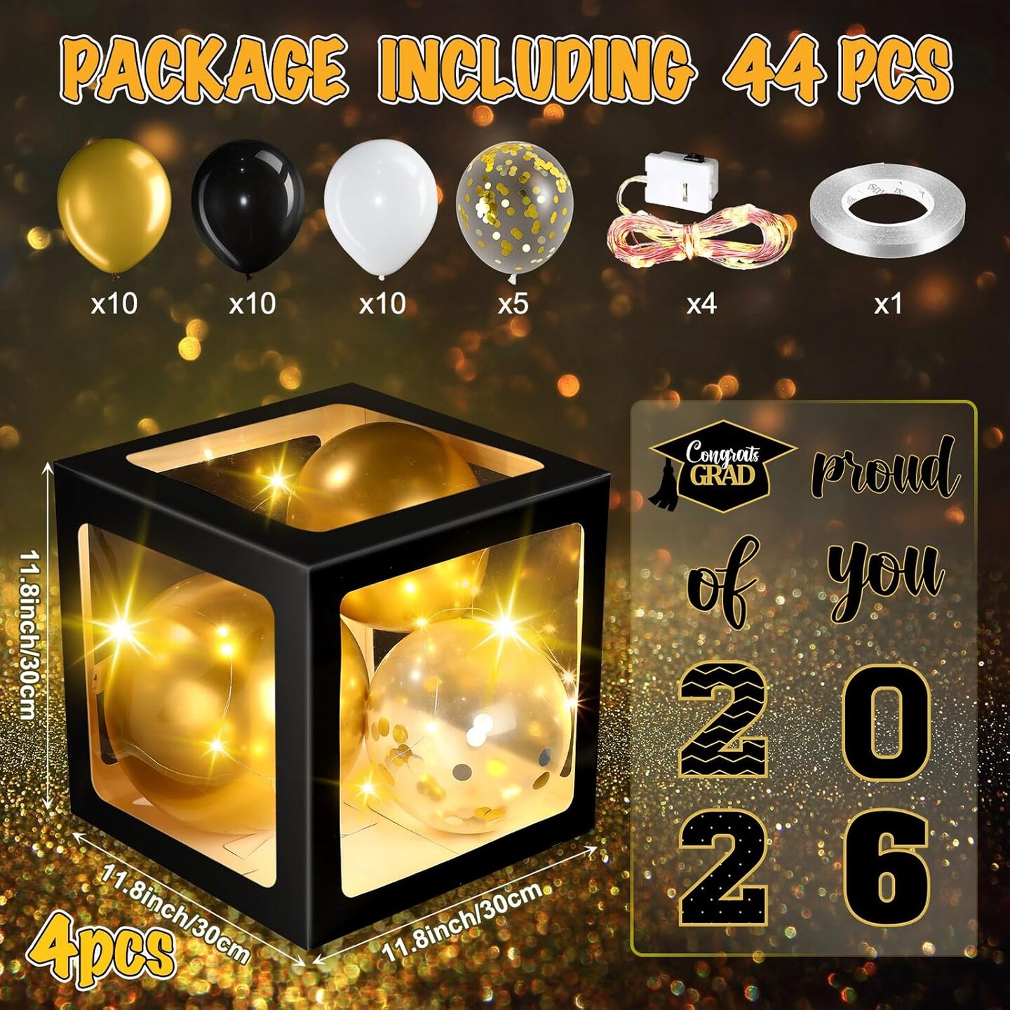 44 PCS Graduation 2026 Balloon Box Decoration Set, Black & Gold Congrats Grad Party Supplies with Transparent Boxes, LED String Lights & Balloons for Class of 2026 Celebration