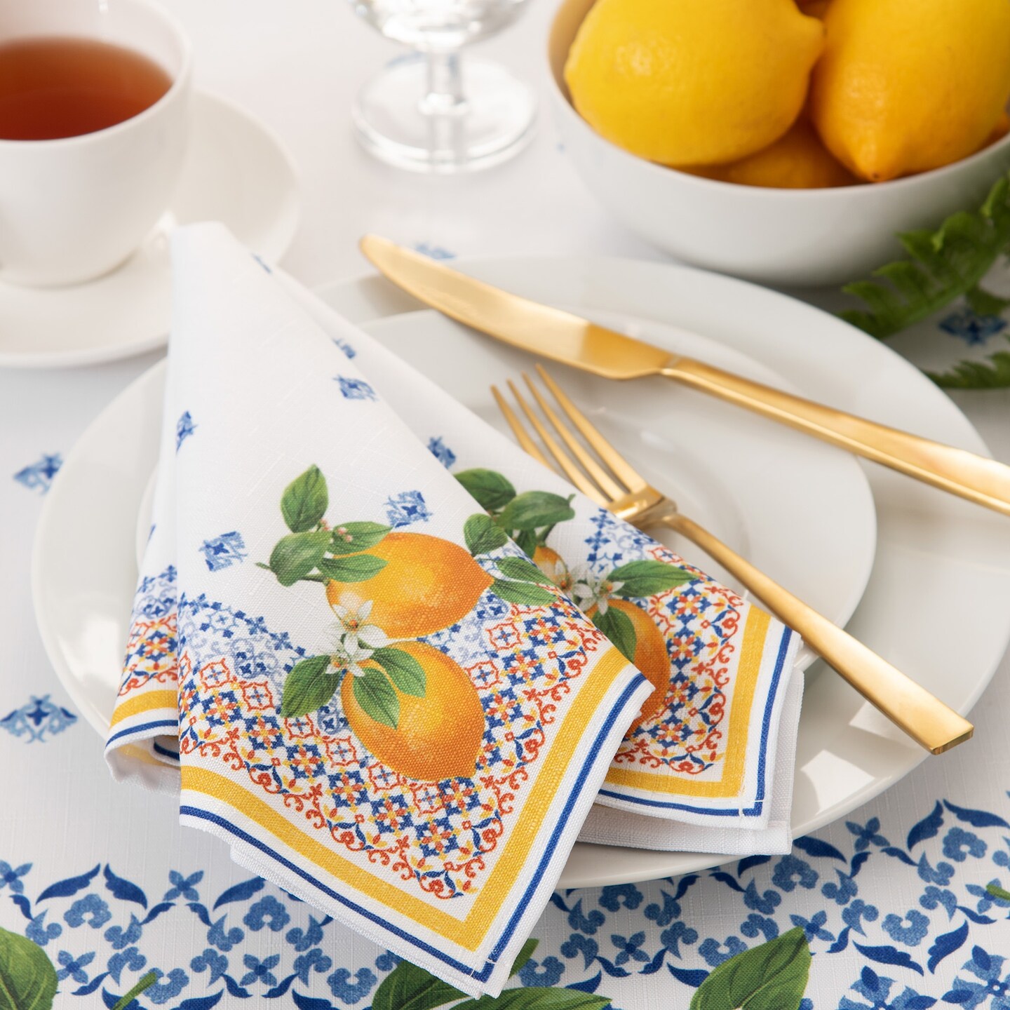 Threadmade Home Capri Lemon Double Border Napkin Set of 4, Multicolor - 17"W x 17"L