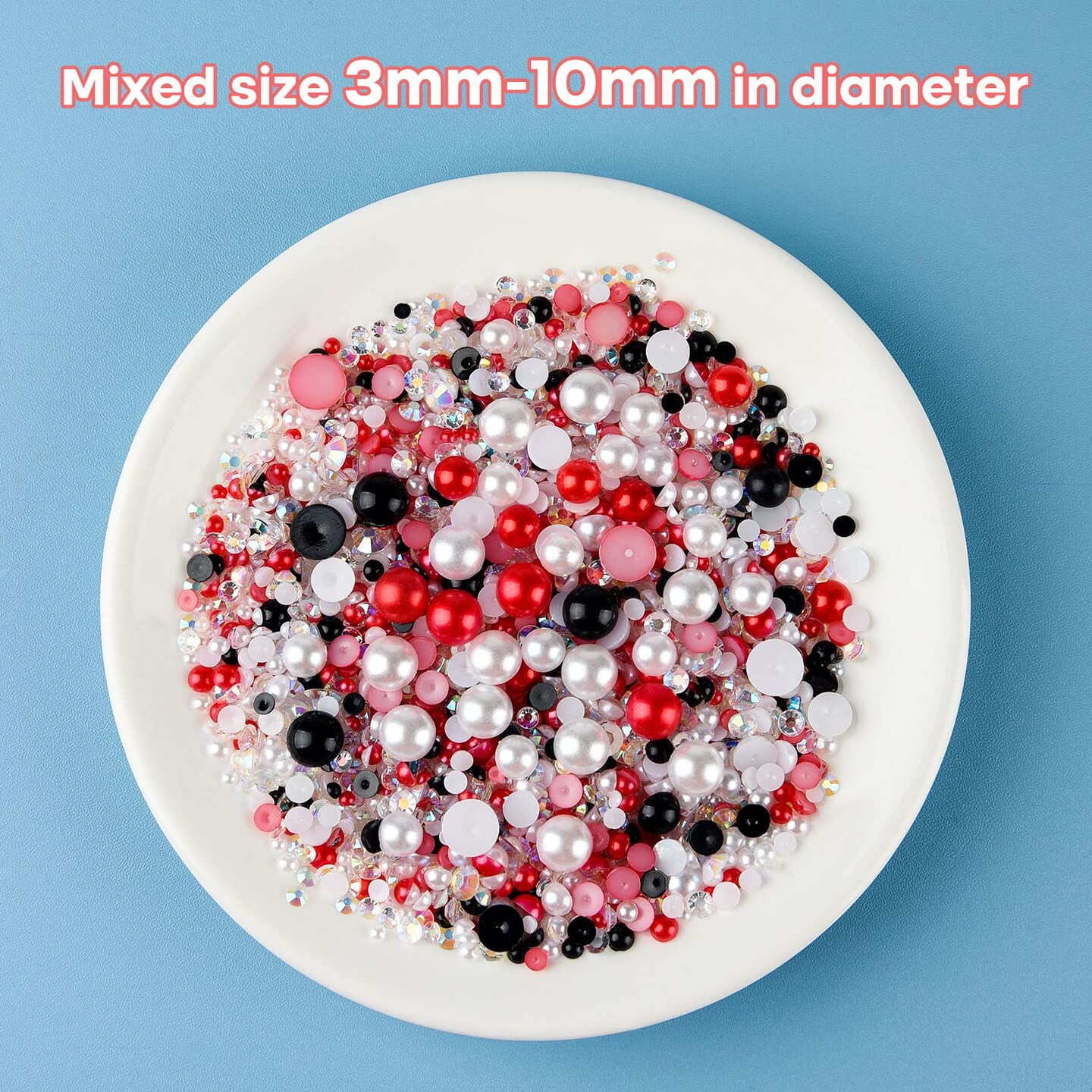 50g Mix Flatback Rhinestones Half Pearls for Crafts Mixed Size 3mm-10mm Flat Back Rhinestones for Crafts Flatback Pearls for DIY Tumblers Mugs Nail Art Shoes Clothes (Red Black Series)