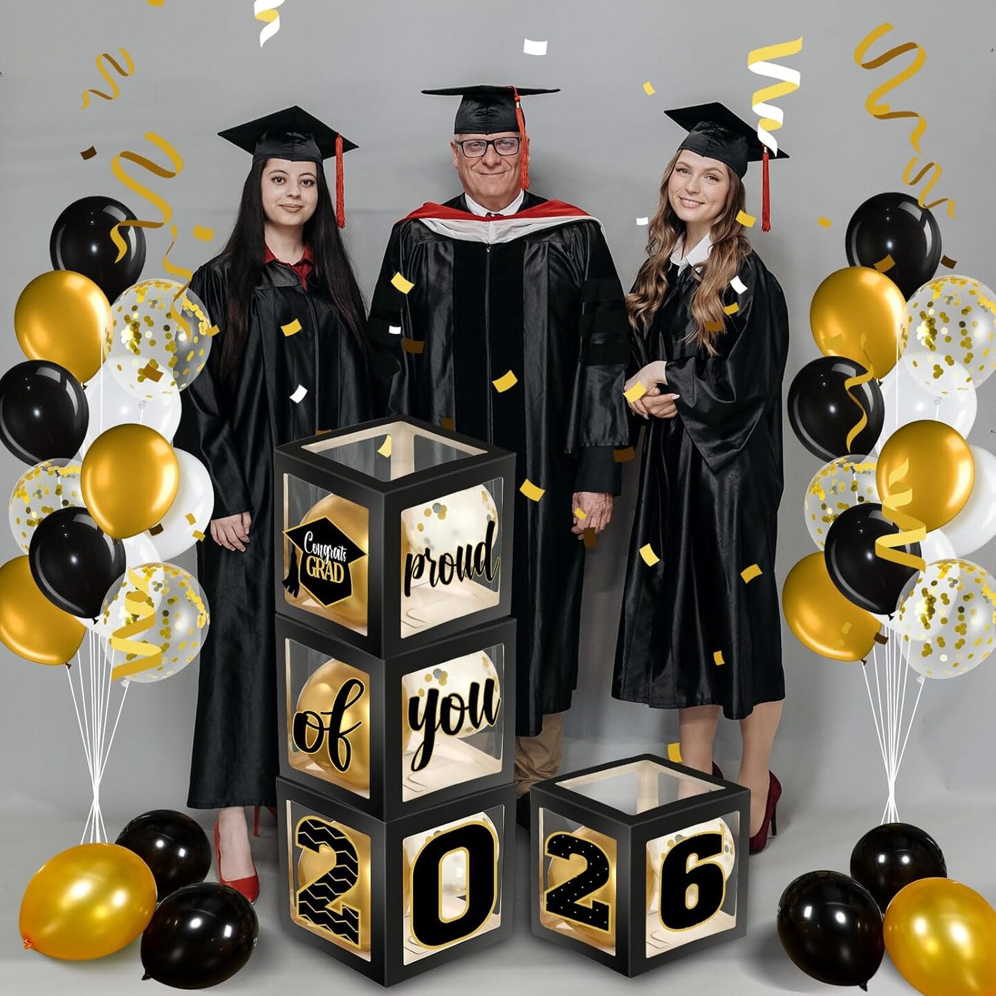 44 PCS Graduation 2026 Balloon Box Decoration Set, Black & Gold Congrats Grad Party Supplies with Transparent Boxes, LED String Lights & Balloons for Class of 2026 Celebration