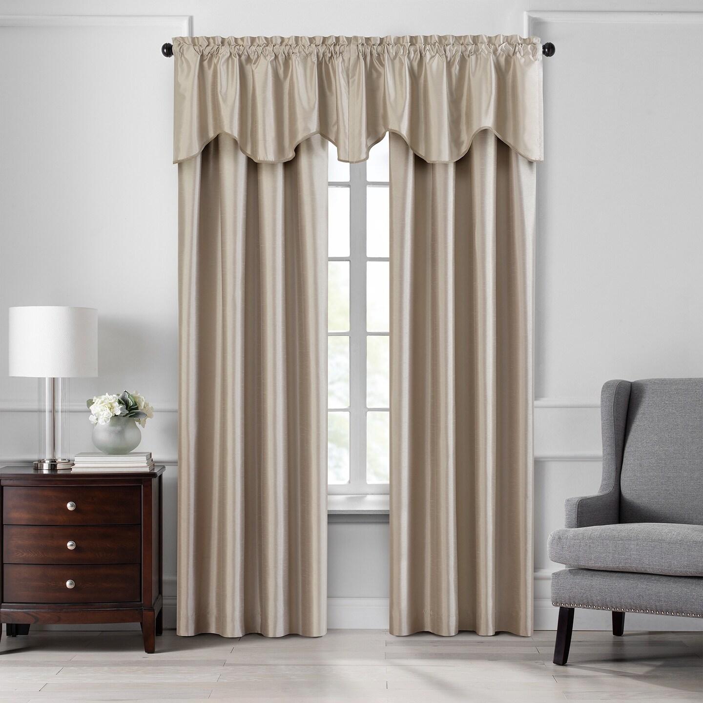 Threadmade Home Colette Faux Silk Scalloped Window Valance, Taupe - 50"W x 21"L