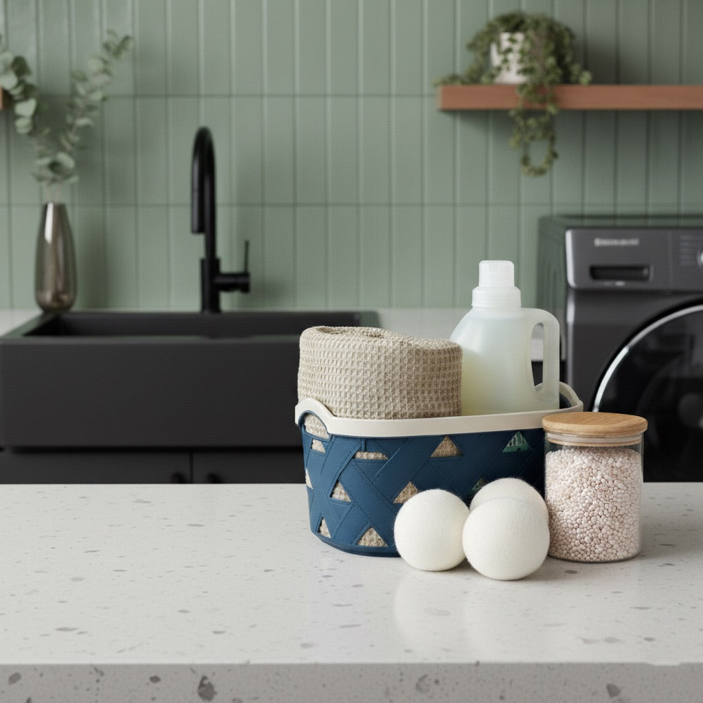 Organizing Essentials Medium Plastic Storage Basket with Handles – Blue & Cream Decorative Bin for Bathroom, Kitchen, or Shelves – Designer Leather Pattern Organizer Basket, 5.8L