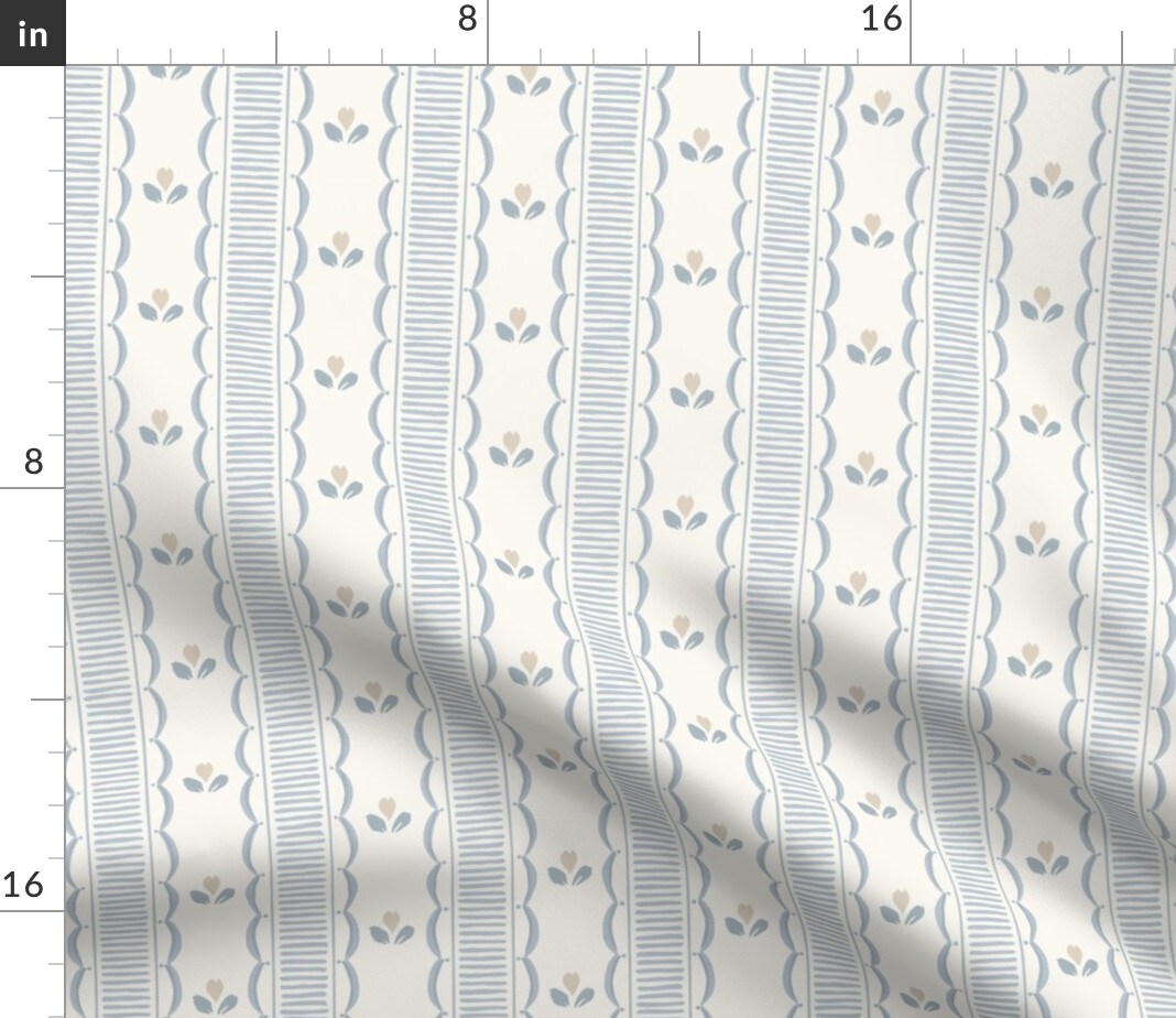 Cottagecore Floral Farmhouse Stripe Scallop Country Rustic Grandmillennial Cottage Vintage Floral Feminine Girly Blue Lines Tulip Spring Custom Printed Fabric by Spoonflower Various Fabrics by the Yard or Fat Quarter