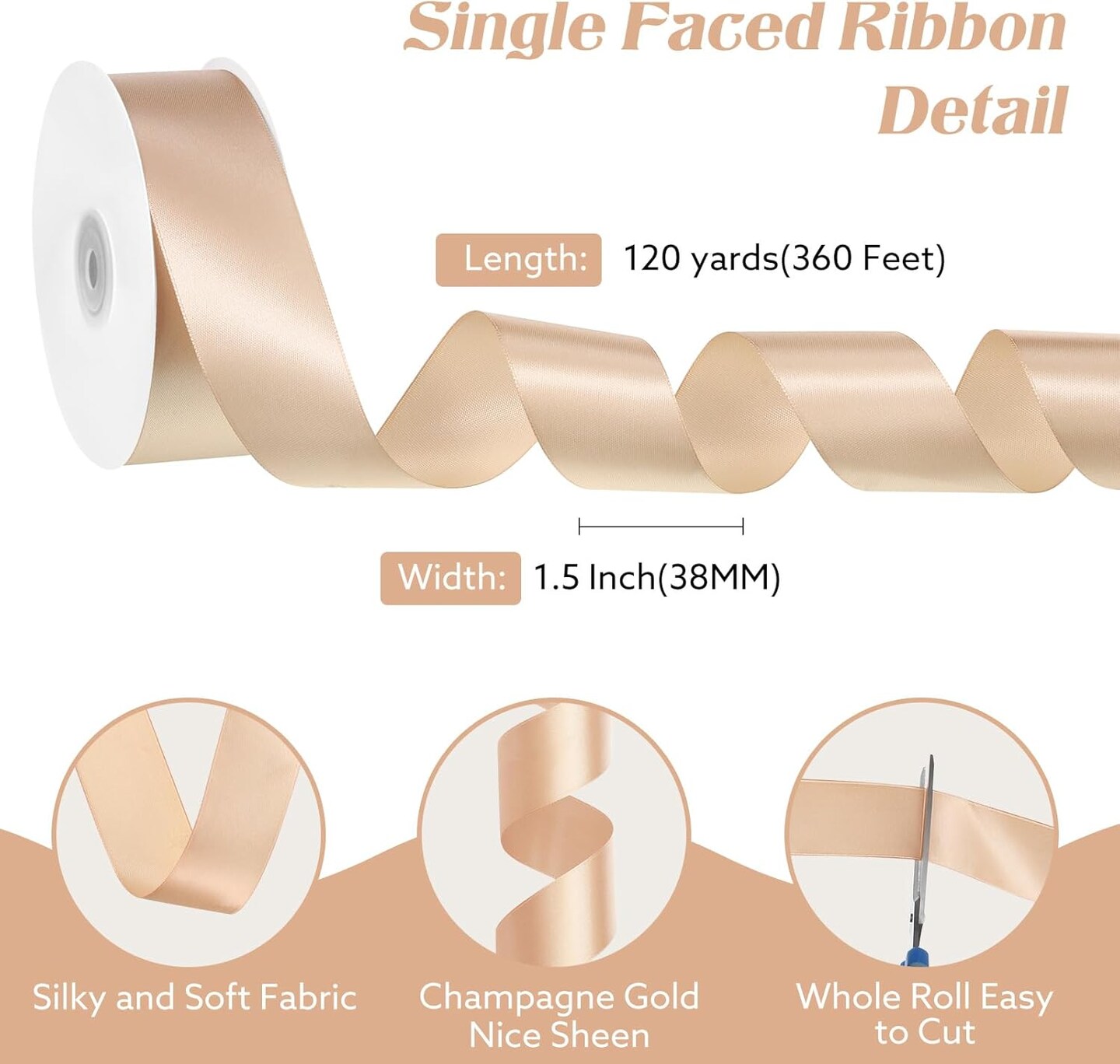 120 Yards Champagne Ribbon1-1/2 Inch Gold Satin Ribbon