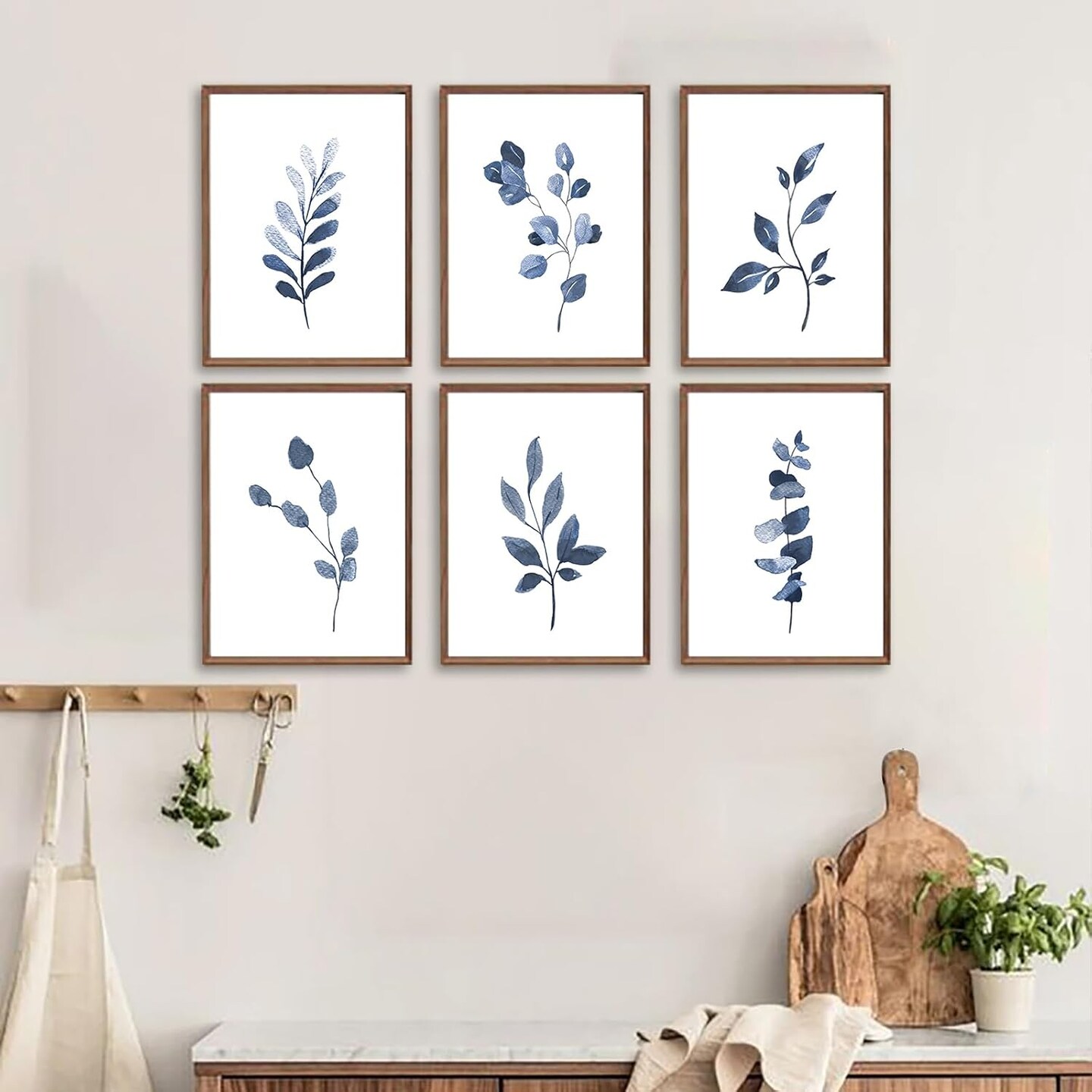 Navy Blue Botanical Art Set of 6, Minimalist Abstract Prints