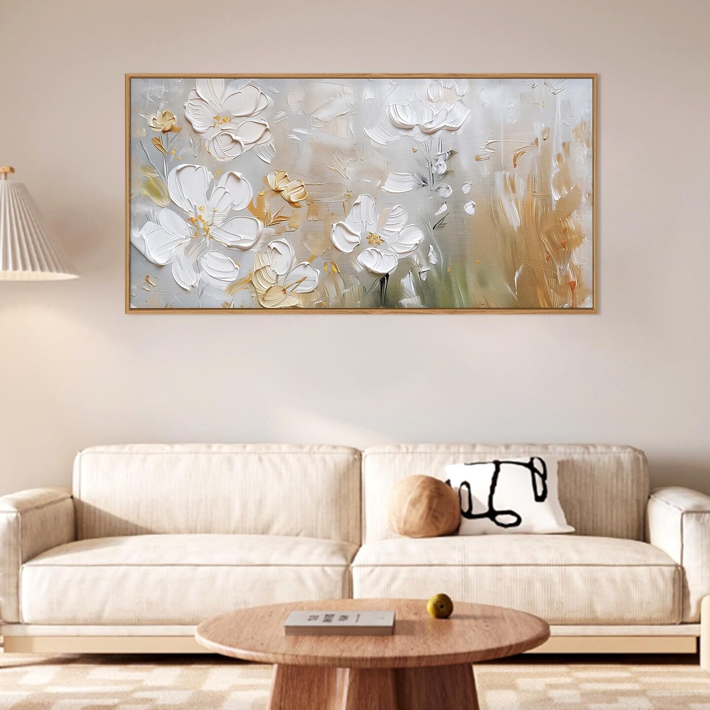 Large Hand-Painted White Flower Framed Wall Art Modern White and Gold Floral (20&#x22;x40)