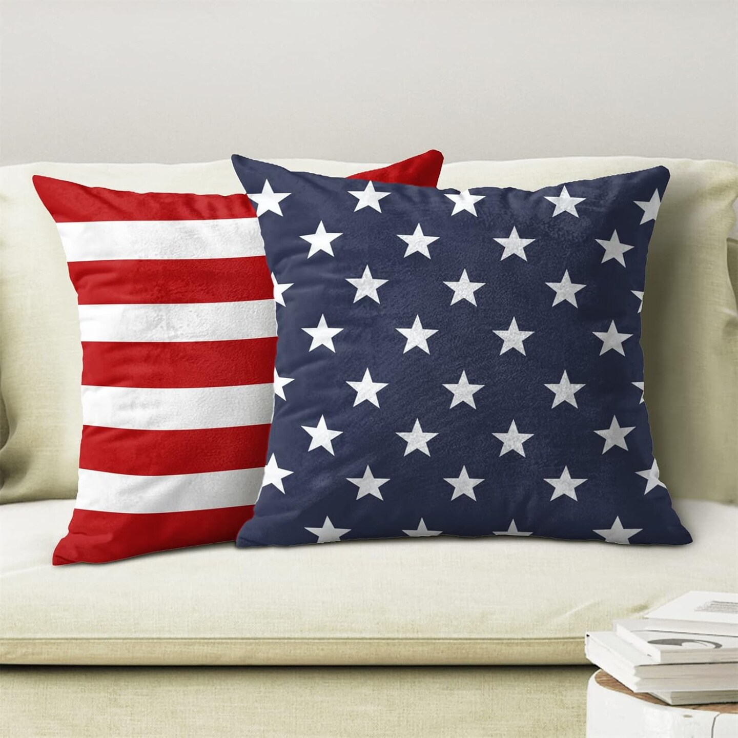 4th of July Throw Pillow Cover, 16x16 Inch Set of 2 Red Stripes Blue Stars Patriotic Decorative Outdoor Cushion Cover Memorial Independence Day Pillow Cases Linen Farmhouse for Sofa Couch Bed
