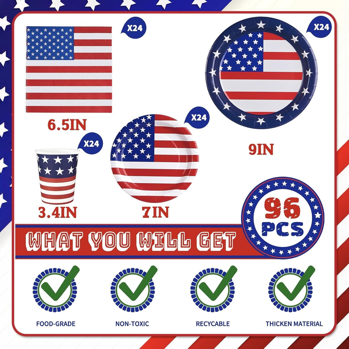 96 PCS Patriotic Party Set – American Flag Plates & Napkins – 4th of July, Veterans Day, Independence Day Decor