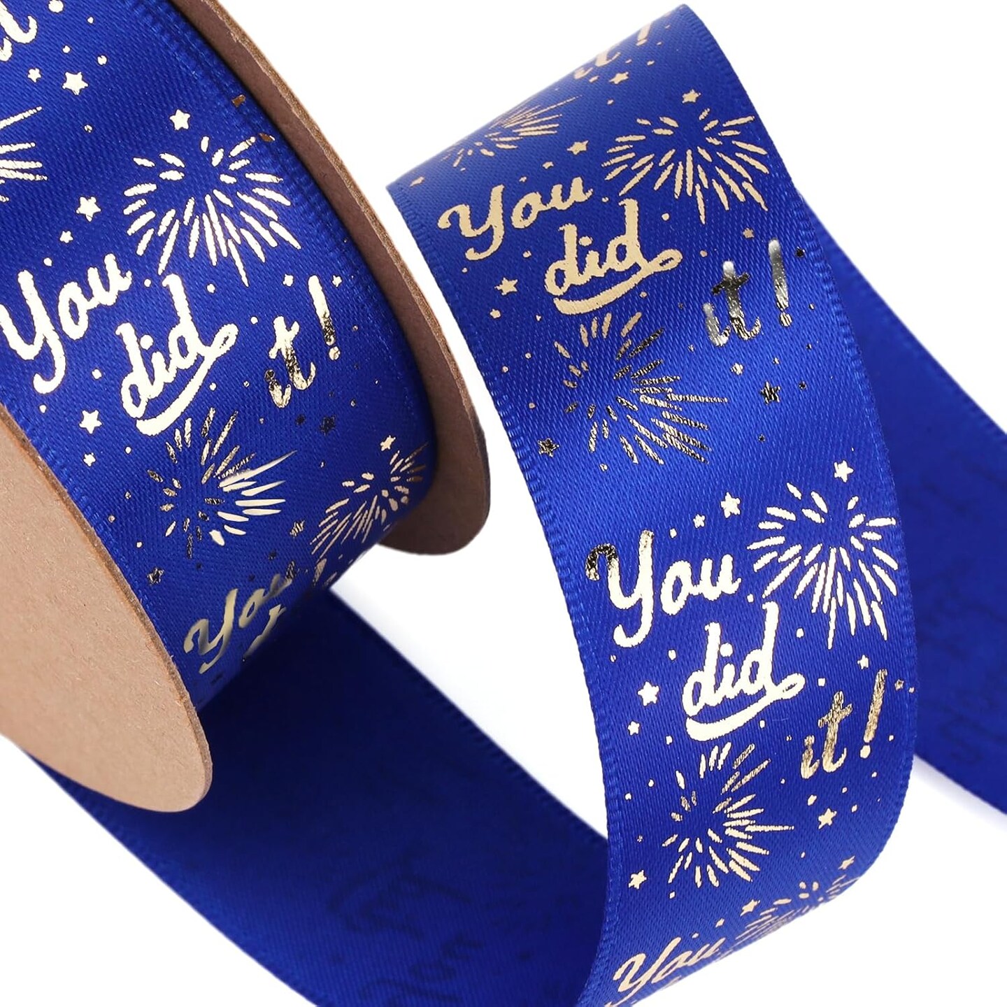 Blue and White Gold Congrats Grad Satin Ribbon - 3 Rolls 1 Inch x 15 Yards
