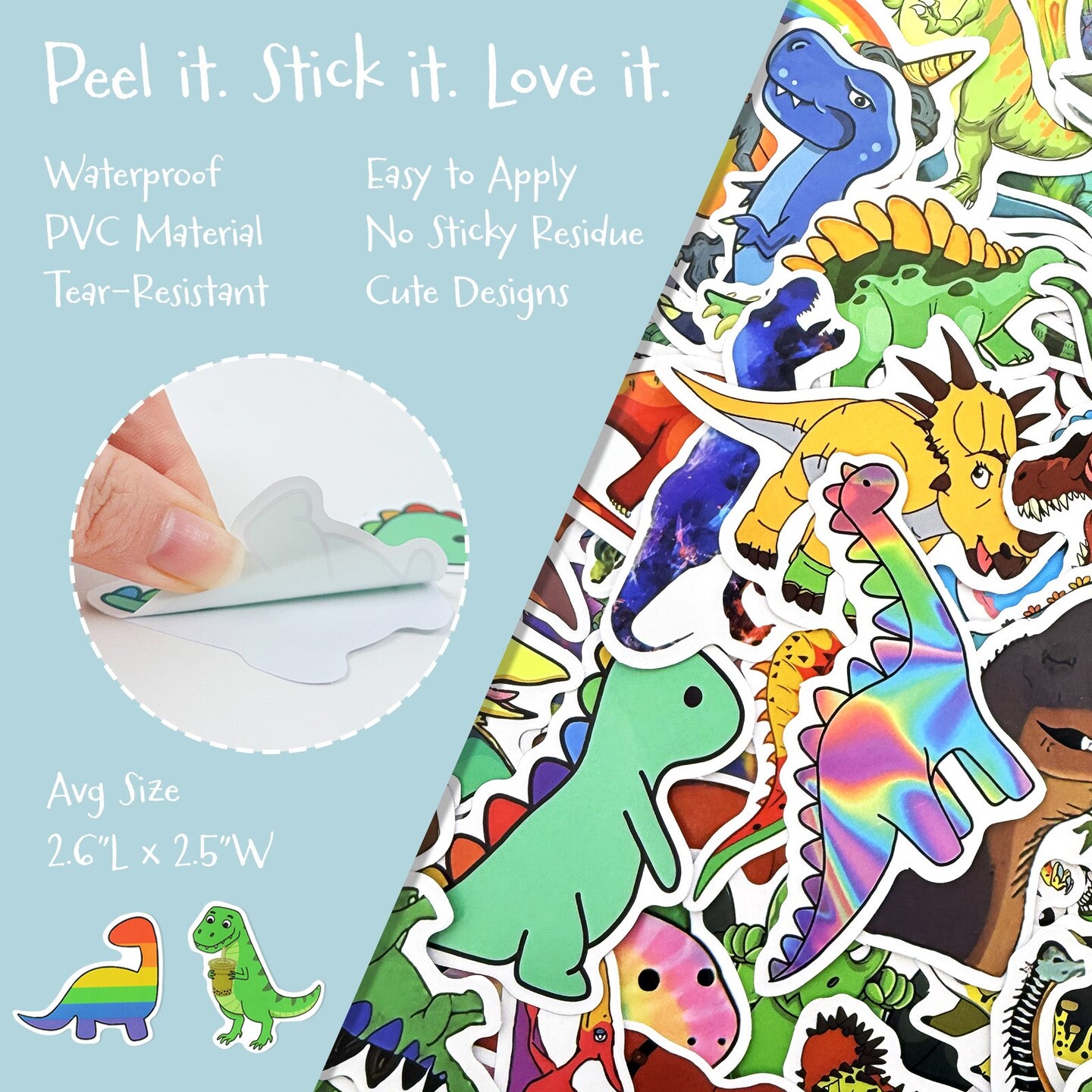Wrapables Waterproof Vinyl Stickers for Water Bottles, Laptop, Phones, Skateboards, Decals for Teens, 100pcs, Dino Fun