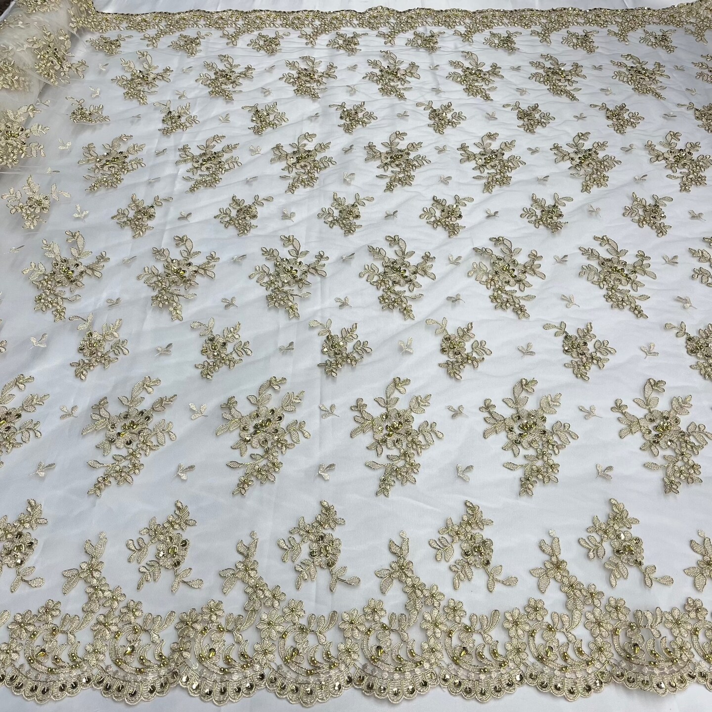 1 Yard Luxurious Beaded and Corded Bridal Lace Fabric Embroidered on 100% Polyester Net Mesh 52 inch Width