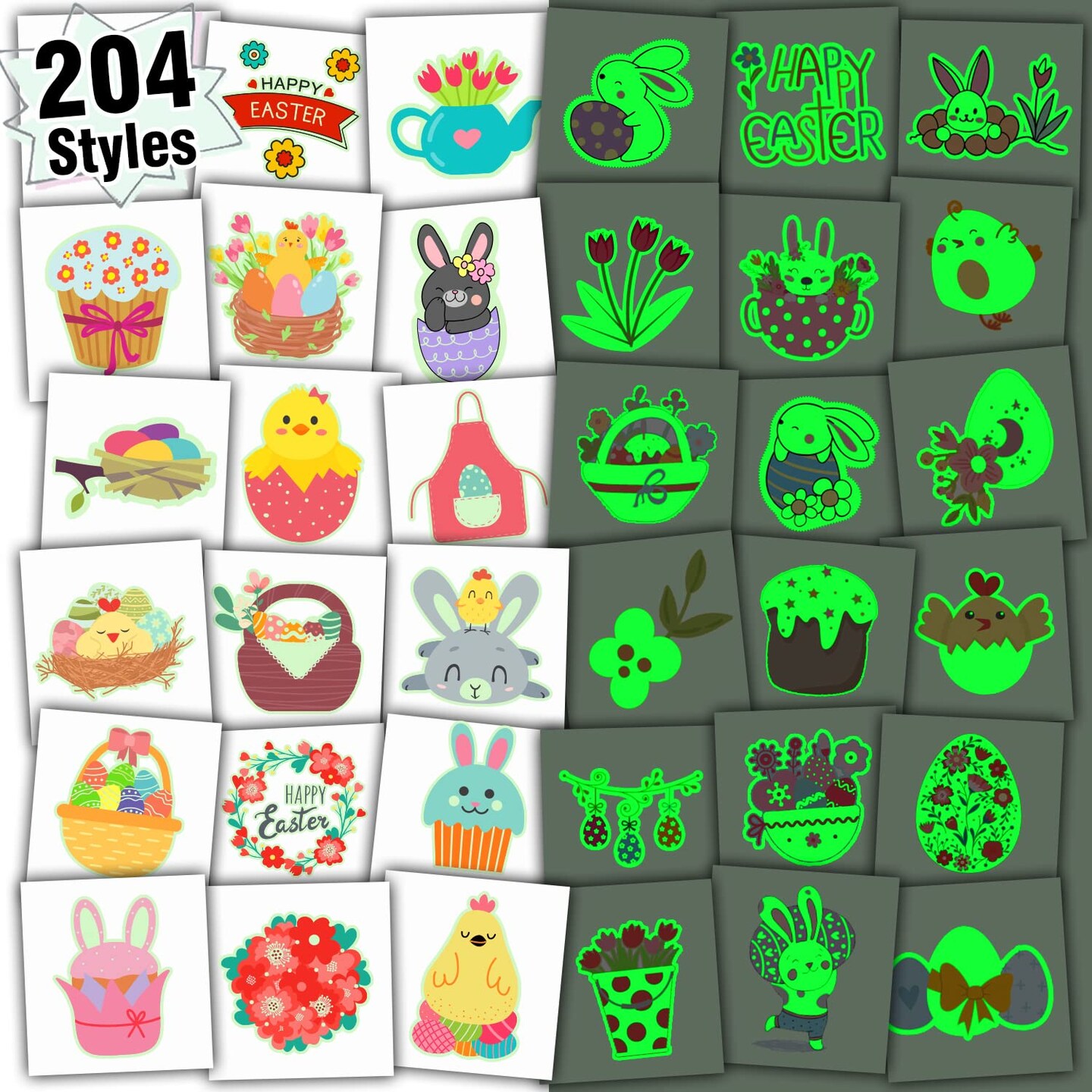 204 Styles Glow Easter Kids Temporary Tattoos for Easter Basket Stuffers, Individually Wrapped Sheets Easter Tattoo Stickers for Boys Girls Party Favors, Easter Egg Hunt Games Essentials