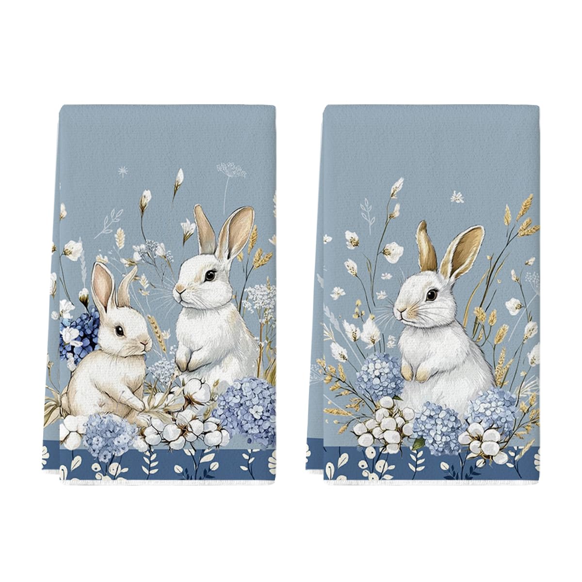 Bunny Hydrangea Easter Kitchen Towels Dish Towels, 18x26 Inch Spring Farmhouse Wild Flowers Decoration Hand Towels Set of 2