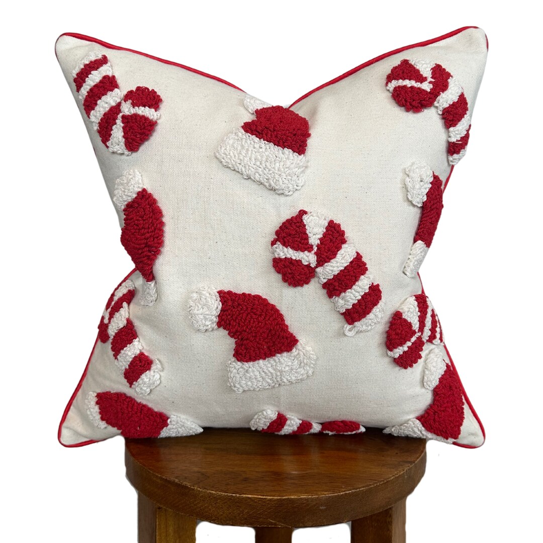 Candy Cane Christmas Pillow Cover with Santa Hat Design | Festive Holiday Throw Pillow | 18” Square