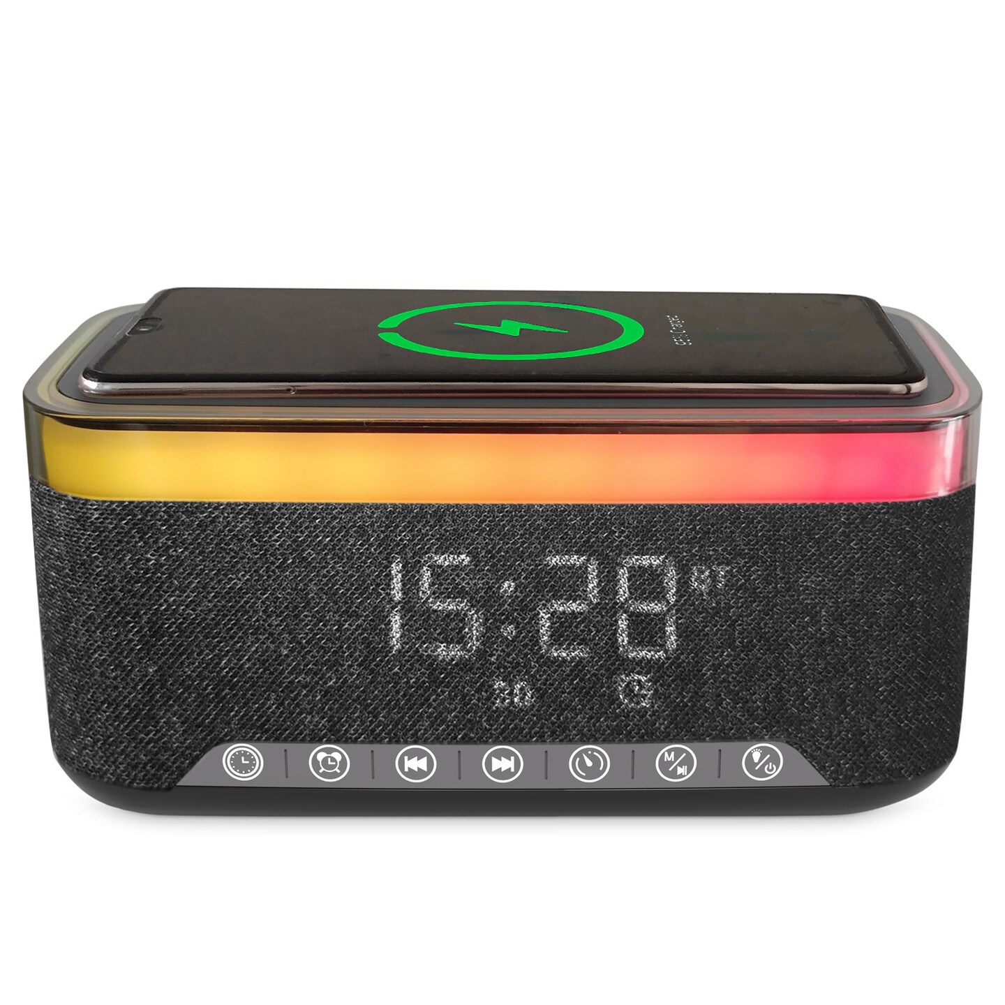Bluetooth Speaker Alarm Clock w/ 15W Fast Wireless Charging, 13 Night Light modes, Rechargeable Battery, 10W Stereo Speaker, 12/24H Digital Clock, Sleep Timer, White Noise Mode, USB Drive