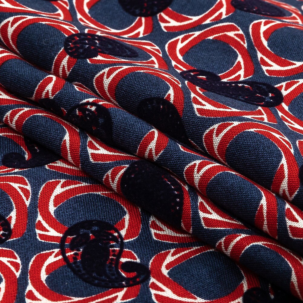 1 Yard Salsa and Navy Flocked Paisley Twisted Squares Printed Viscose Woven Fabric Width 57 Inches