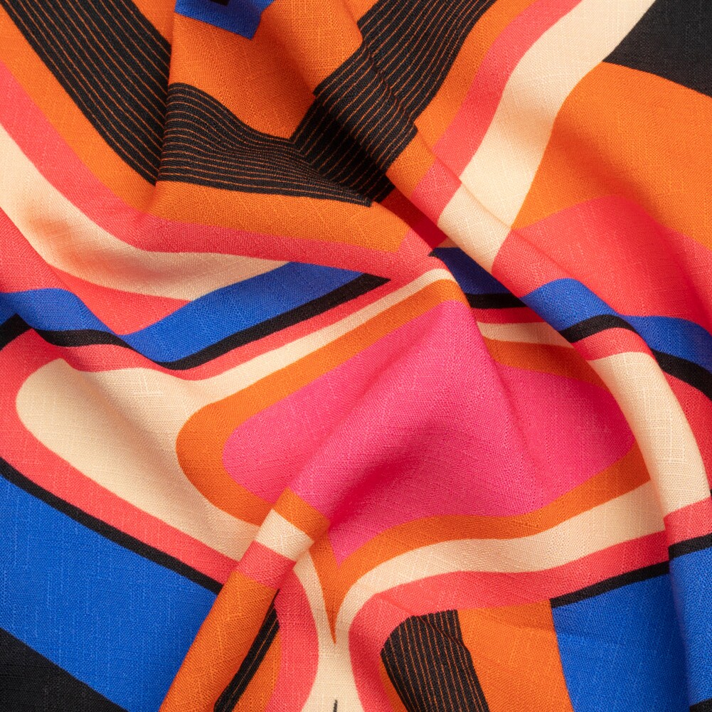 1 Yard Take it Easy Slubbed Viscose Woven Orange, Blue, and Pink Abstract Spades