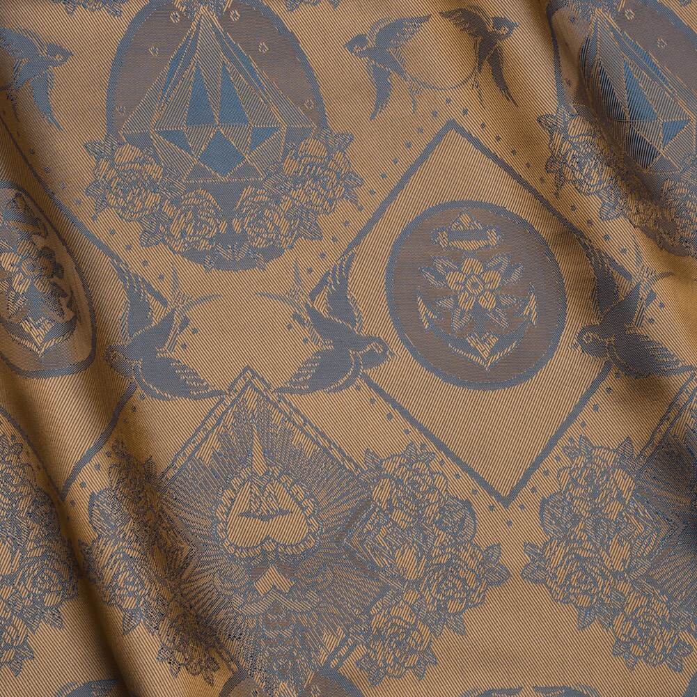 1 Yard Blue and Beige Gems and Doves Jacquard Lining Fabric 55 Inch Width