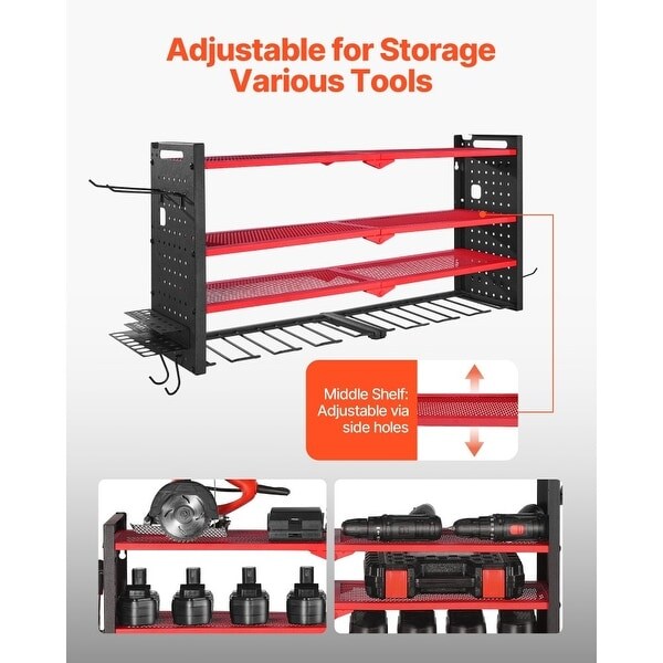 4-Tier Wall Mounted Tool Rack with 8 Drill Slots and Adjustable Shelf Pegboard Organizer (Only Rack)