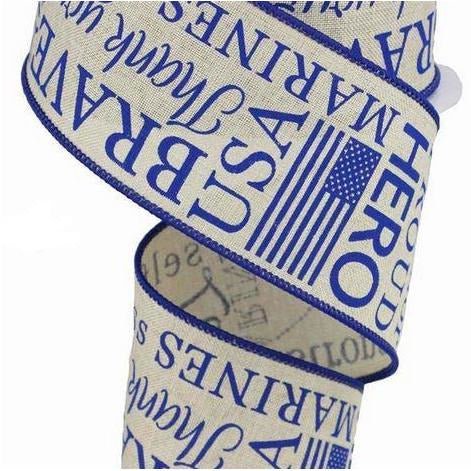 2.5&#x22; Marines Ribbon: Light Natural &#x26; Blue (10 Yards)